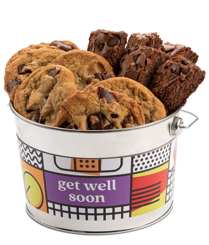 A Get Well Soon bucket filled with David's cookies and brownies. The bucket features a colorful design with get well soon-themed decorations. The assortment includes chocolate chip cookies and chocolate brownies.