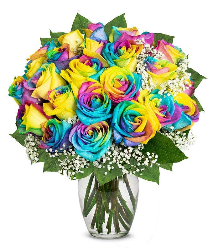 Bouquet of two dozen wild rainbow roses with optional glass vase and personalized apology message.