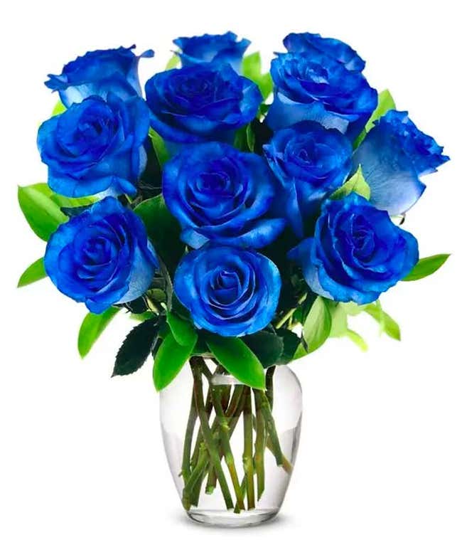 A bouquet of one dozen blue roses, optionally arranged in a glass vase.