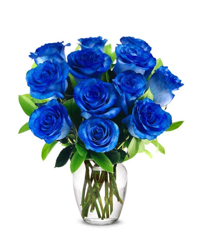 A bouquet of one dozen blue roses, optionally arranged in a glass vase.