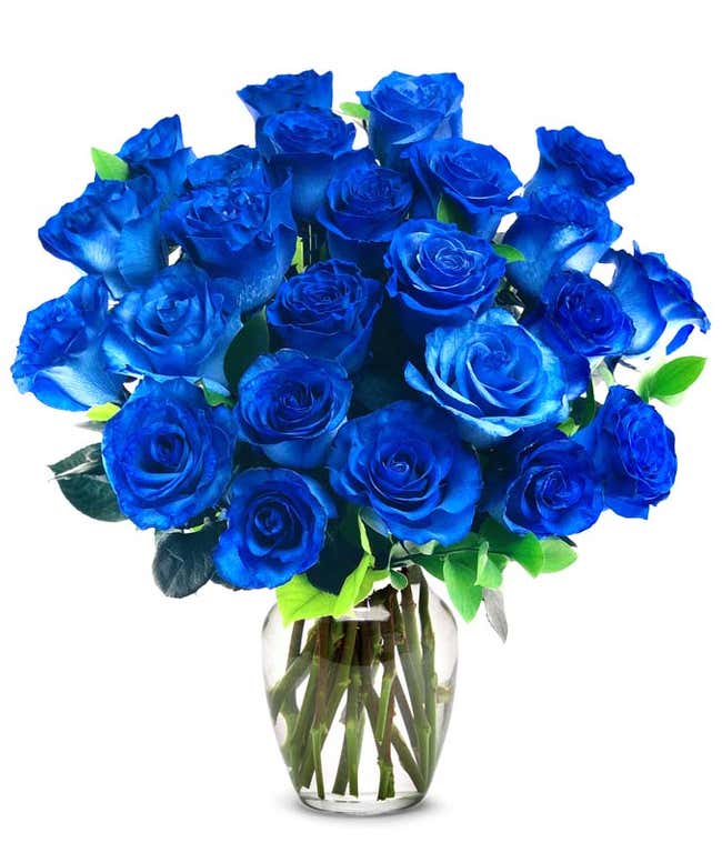 A bouquet of two dozen blue roses, with an optional glass vase.