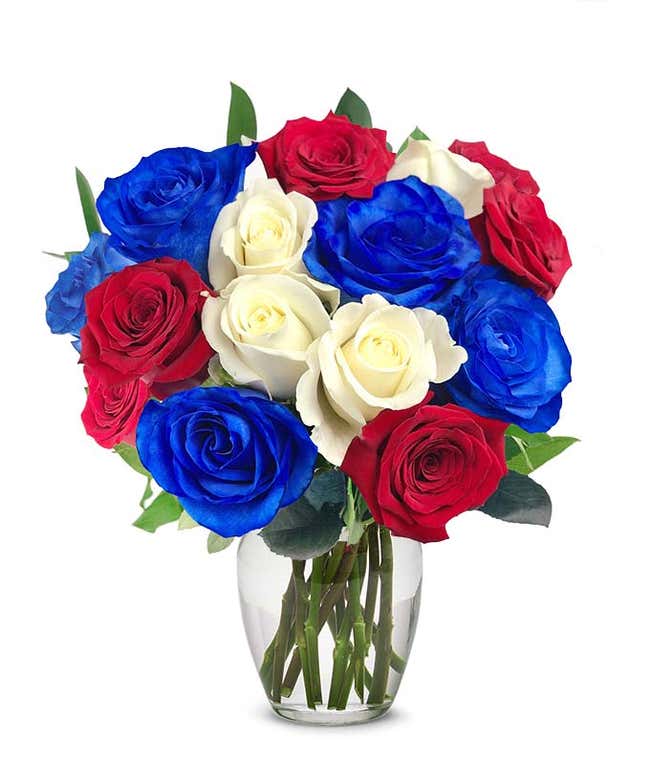 One Dozen Red White &amp; Blue Roses