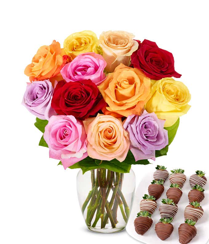 One dozen rainbow roses with one dozen chocolate covered strawberries.