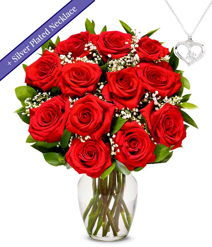 One Dozen Red Roses with Sterling Silver Heart Necklace