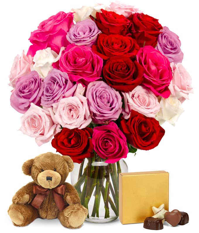 Two Dozen Sweetheart Roses + Chocolates + Bear