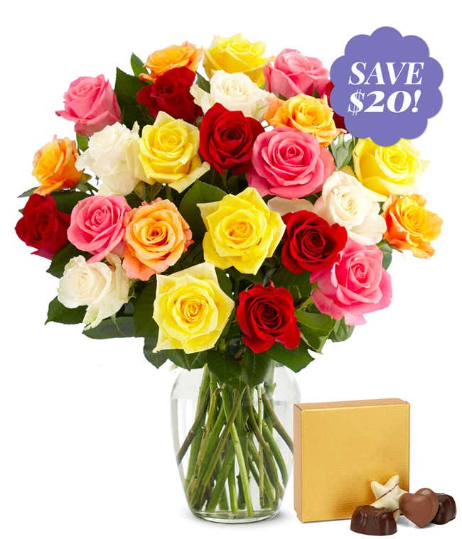 Two Dozen Rainbow Roses with Bear