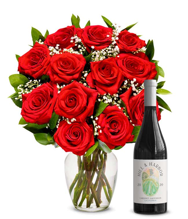 One Dozen Red Roses with Red Wine