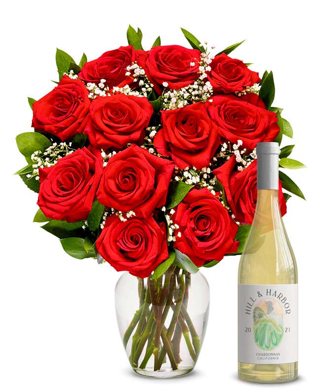 One Dozen Red Roses with White Wine