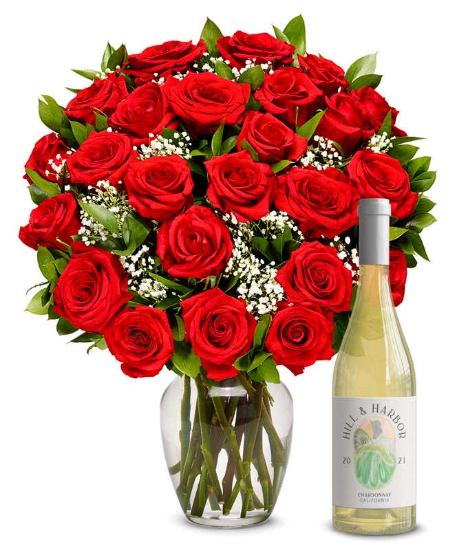 Two Dozen Red Roses with White Wine