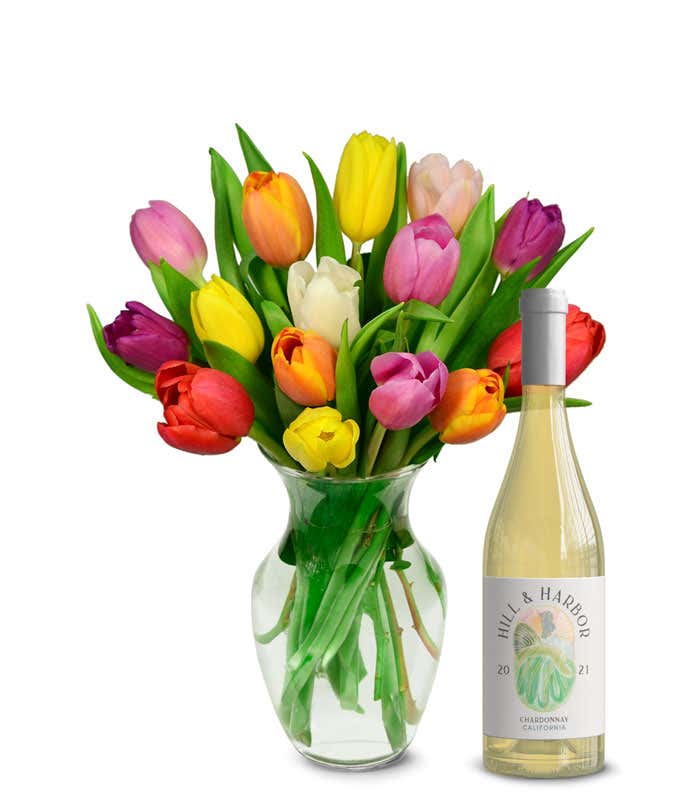 Rainbow Tulip Bouquet with White Wine