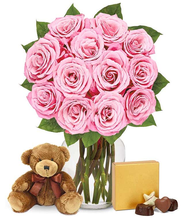 One dozen pink roses, teddy bear and box of chocolates