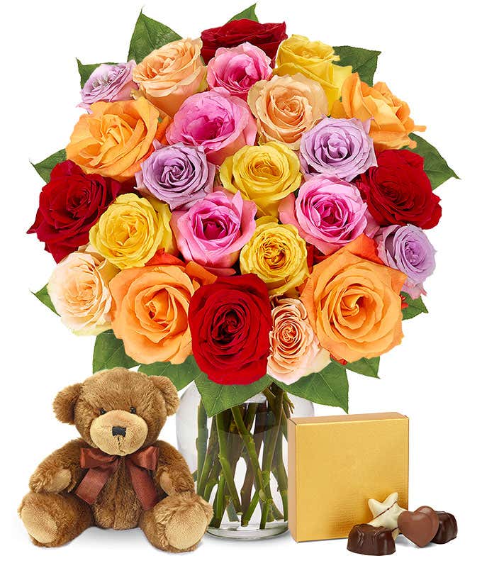 Two Dozen Rainbow Roses + Godiva + Bear