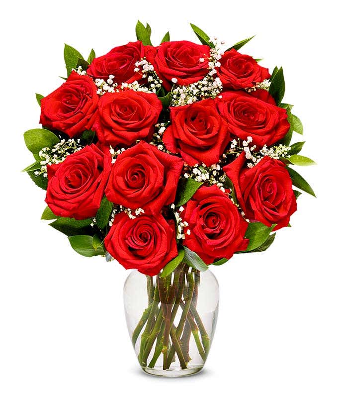 A bouquet of 12 long-stem red roses, with an optional vase.