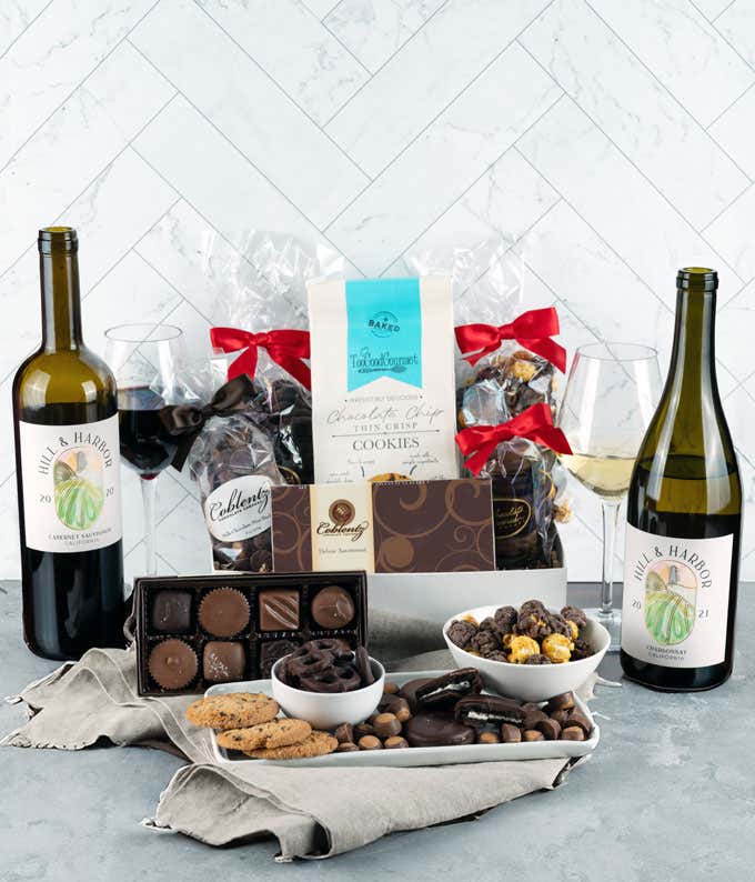 Deluxe Sweet Treats Chocolate Gift Box with California Red & White Wine