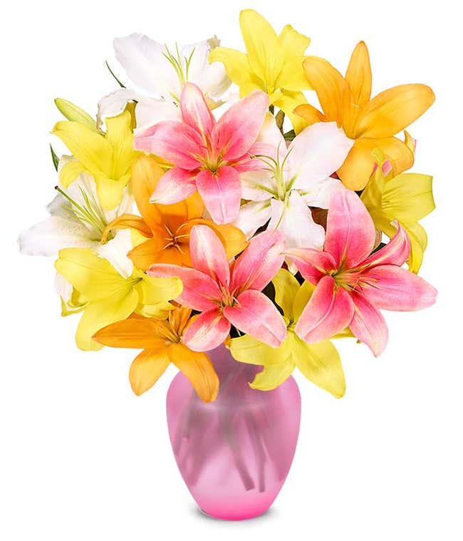 A vibrant floral arrangement featuring pink lilies, orange lilies, and yellow lilies.