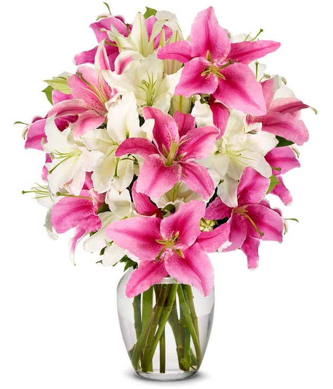 Premium Pink Lilies and White Lilies in Glass Vase