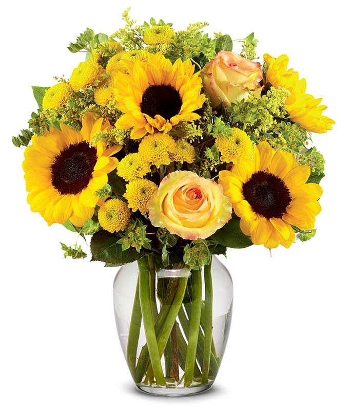 A bouquet featuring yellow/orange bi-color roses, sunflowers, yellow button poms, yellow solidago, and bupleurum, with an optional vase.