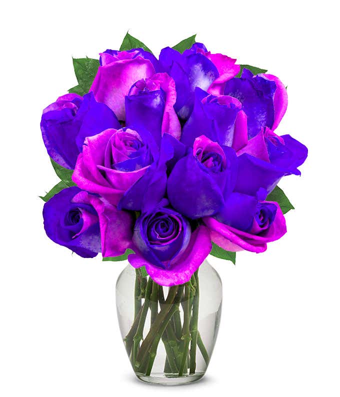 One dozen galaxy dyed roses with optional clear vase.