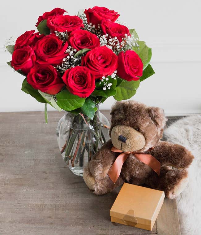One Dozen Red Roses with Chocolates &amp; Teddy Bear