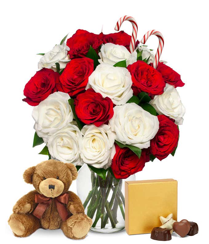 18 Candy Cane Roses with Chocolates & Teddy Bear