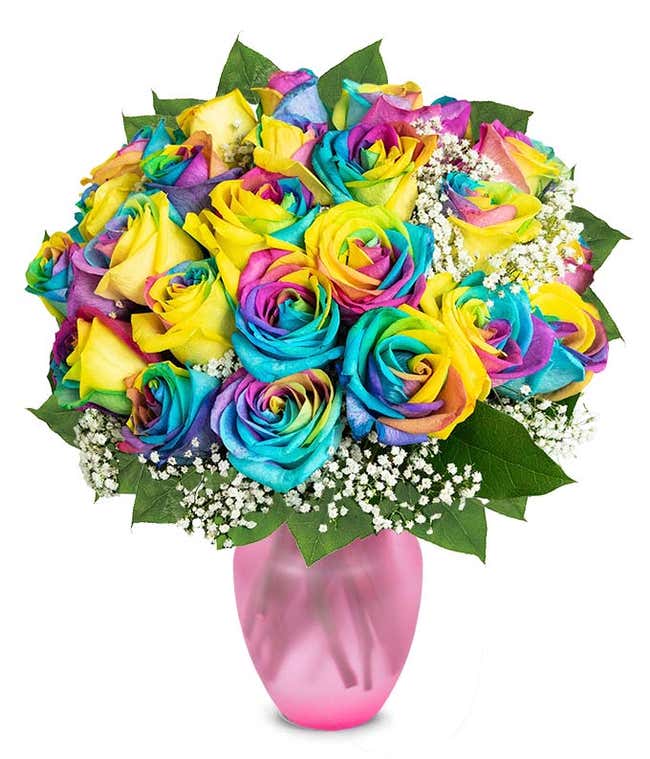  A stunning arrangement featuring 24 wild rainbow roses, optionally presented in a vase. This vibrant and colorful display offers a striking and eye-catching centerpiece, perfect for adding a touch of joy and celebration to any occasion.