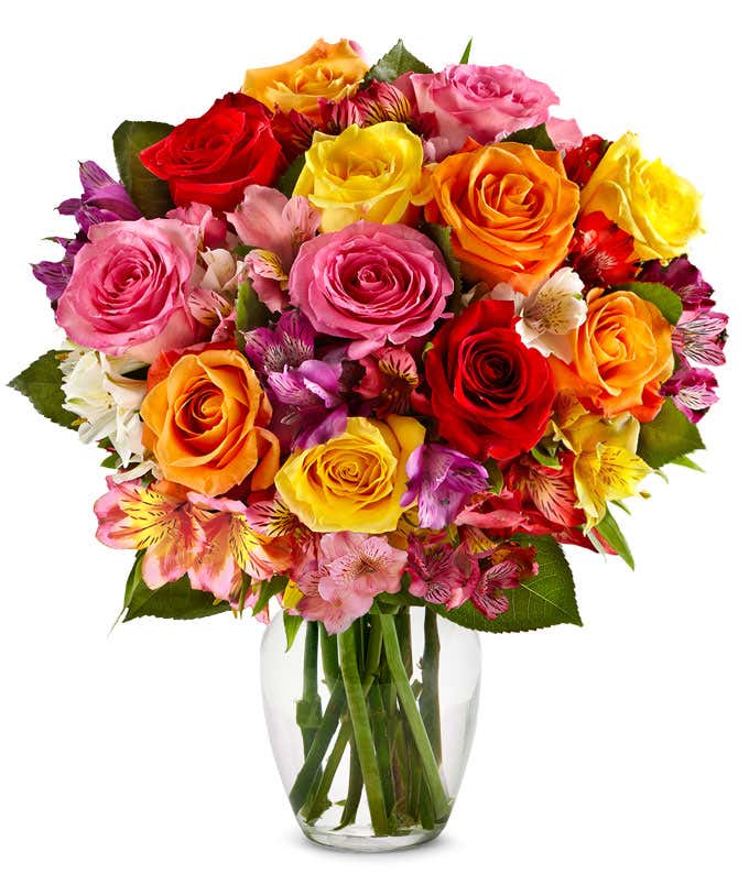 A bouquet of 12 mixed roses and alstroemerias, with an optional vase.