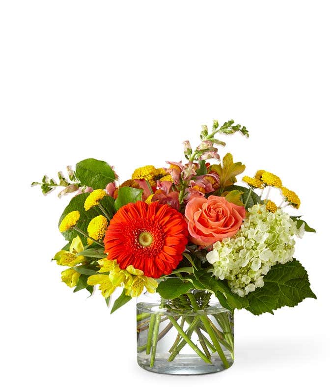 A vibrant floral arrangement featuring yellow button poms, yellow alstroemeria, orange gerbera daisies, green mini hydrangea, deluxe and premium orange roses, deluxe and premium orange snapdragons, and seasonal greens, all beautifully displayed in a glass