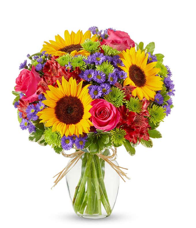 A vibrant floral arrangement featuring sunflowers, pink roses, red alstroemeria, purple Monte Casino asters, and green poms, beautifully arranged in a clear glass vase adorned with raffia. This lively mix creates a bright, cheerful display.