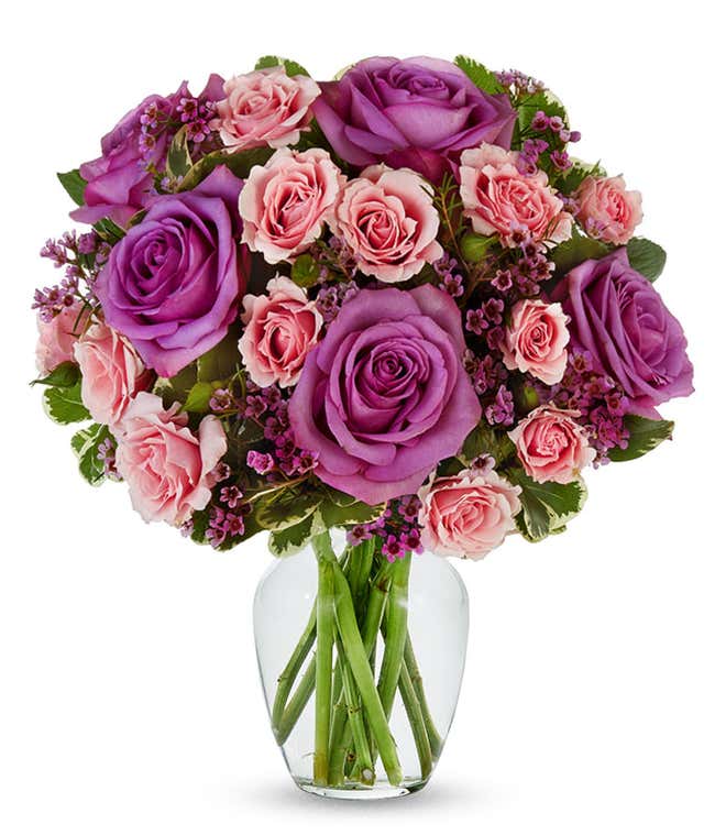 Purple roses paired with pink spray roses