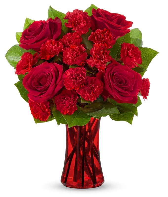 A striking arrangement featuring red roses, red mini carnations, and salal, elegantly presented in a red gathering vase. This bold and vibrant display is perfect for adding a touch of elegance and passion to any occasion.