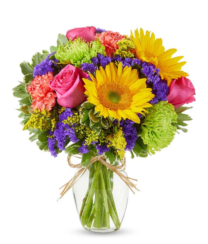 Summer Sunflower mixed bouquet with pink roses and green mums