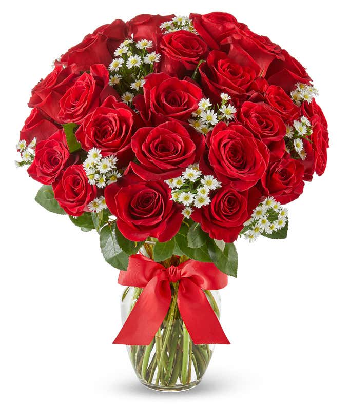 Two Dozen Red Roses with Monte Casino Flowers in a Clear Glass Vase with a red Bow