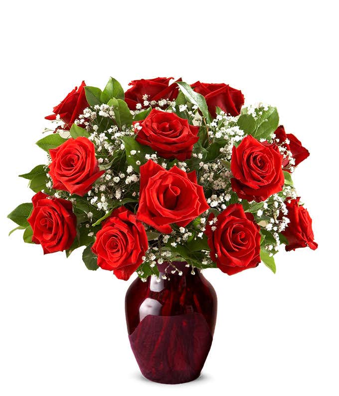 A classic arrangement of one dozen red roses, accented with baby's breath, elegantly presented in a red glass vase. This timeless display offers a romantic and sophisticated touch.