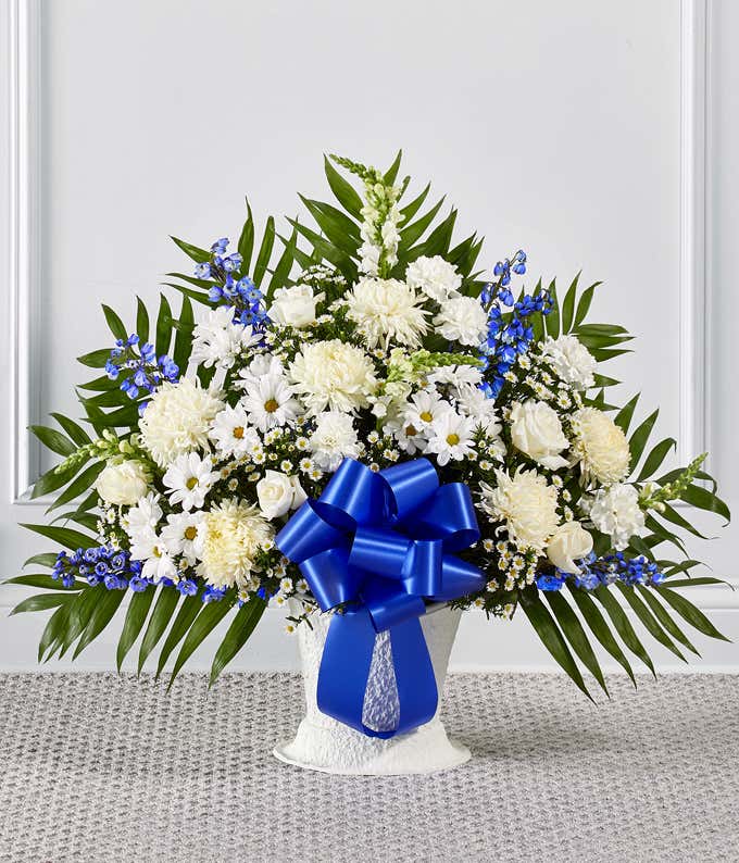 White and blue flower sympathy basket