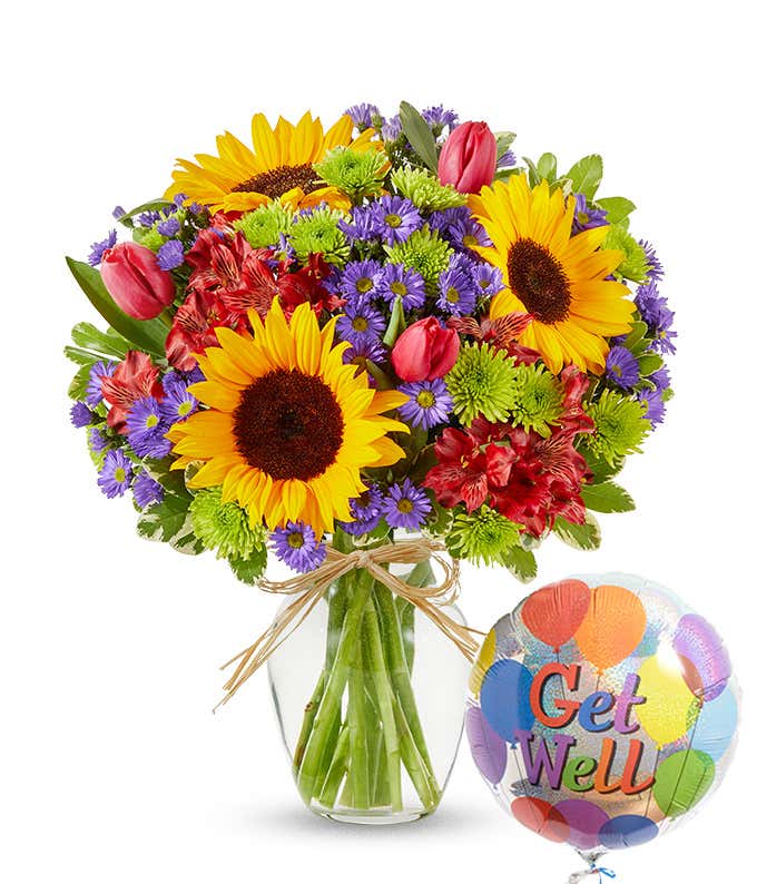 Get well soon flower arrangement with sunflowers, tulips and get well balloon