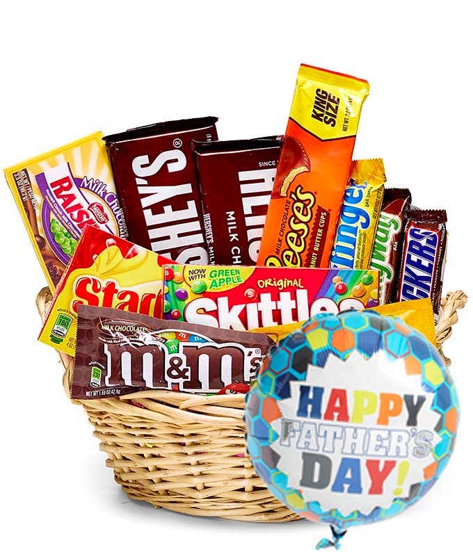 Chocolate & candy variety with keepsake basket and Father's Day Mylar balloon.