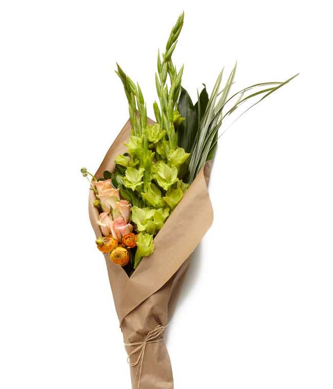 Peach roses and gladiolus arrangement