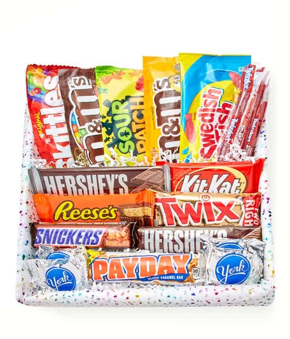 A gift box containing a variety of 15 full-size candy bars, with a personal card message.