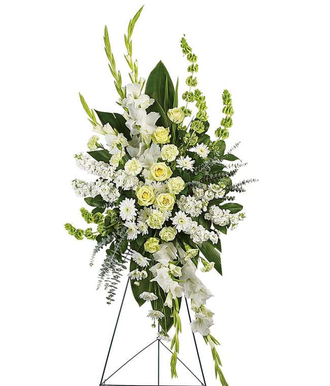 Standing Funeral Spray: Green roses, carnations, white gladioli, stock flowers, cushion spray chrysanthemums, and floral greenery, symbolizing love and reverence.