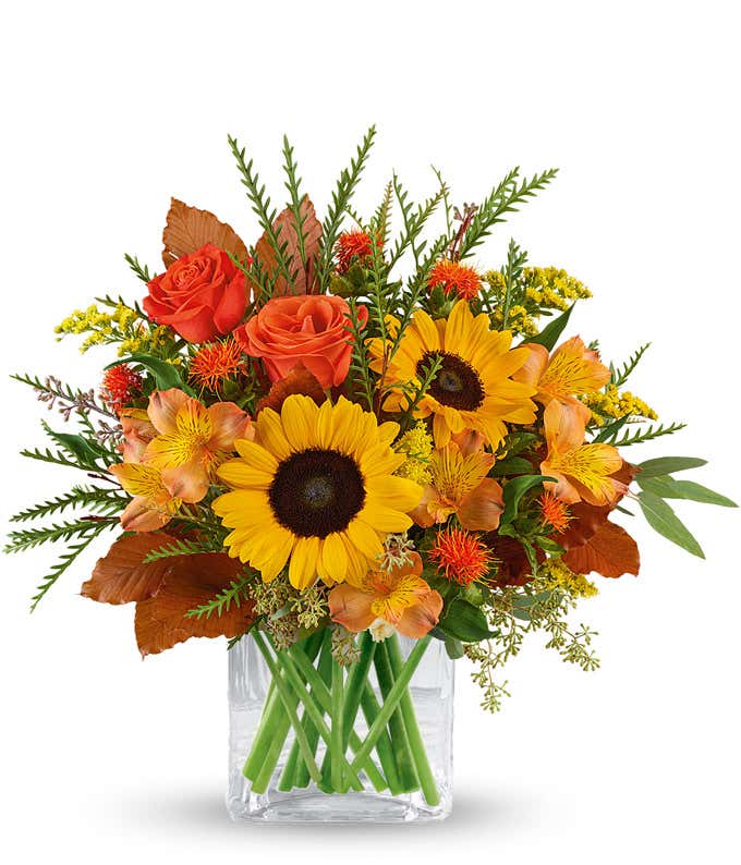 A bright floral arrangement featuring deluxe and premium orange roses, sunflowers, orange safflower, orange Peruvian lilies, and yellow solidago, all beautifully arranged in a cube vase.