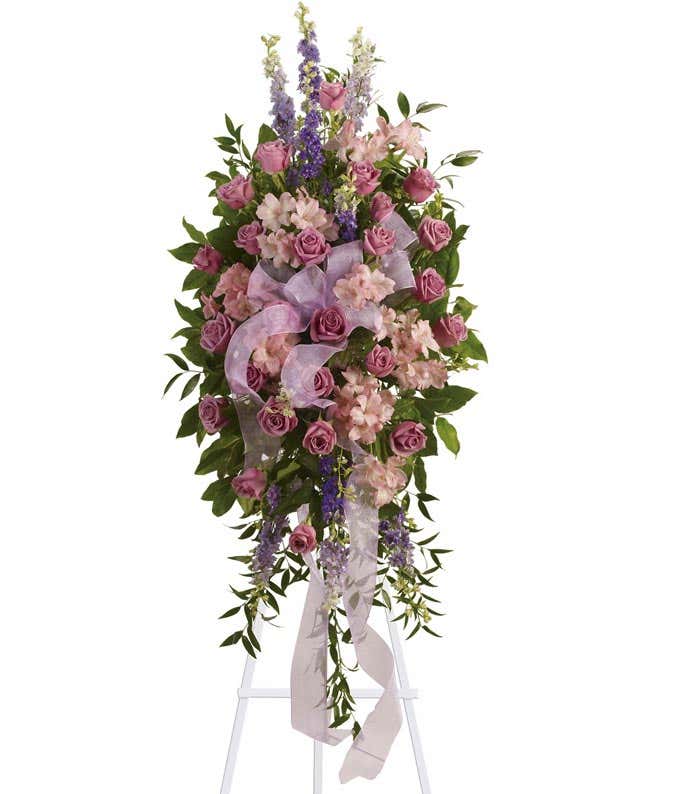 Graceful Lavender Roses, Pink Alstroemeria, and Larkspur Standing Funeral Spray - A serene tribute embodying eternal love and cherished memories, offering solace during moments of grief.