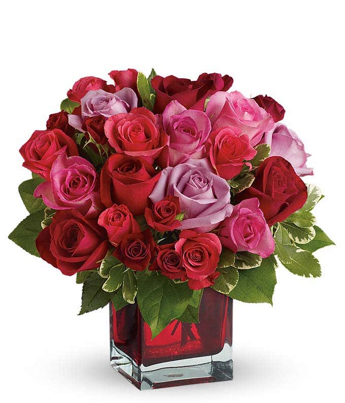 A floral arrangement featuring full-size and mini roses in red, pink, coral, and lavender, displayed in a red square glass vase.