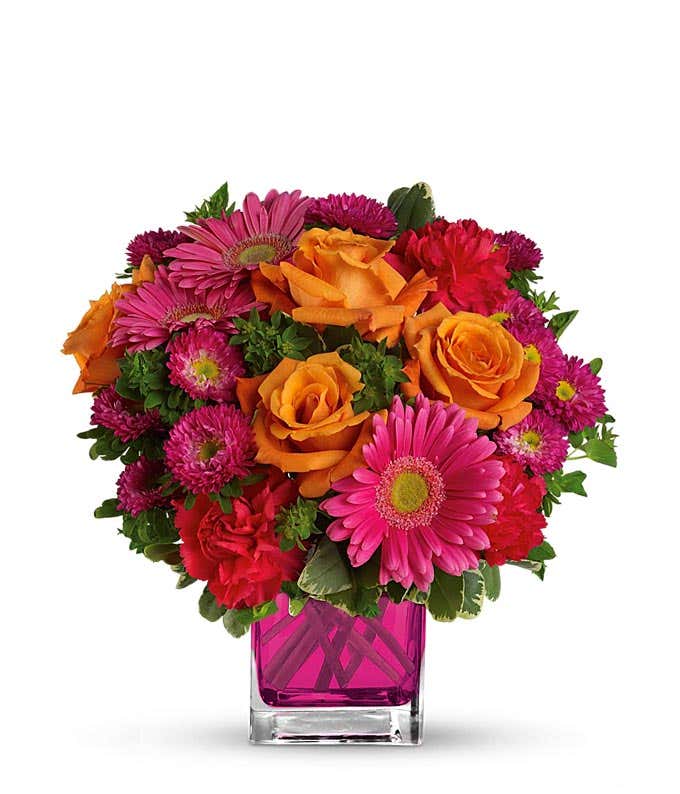 orange roses, hot pink gerber daisies and pink matsumoto flower bouquet