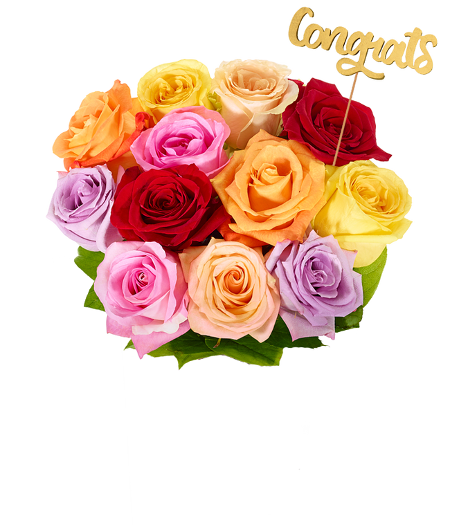 Partial image of Bouquet of one dozen vibrant rainbow roses with optional elegant glass vase and personalized gift message for a housewarming. without vase
