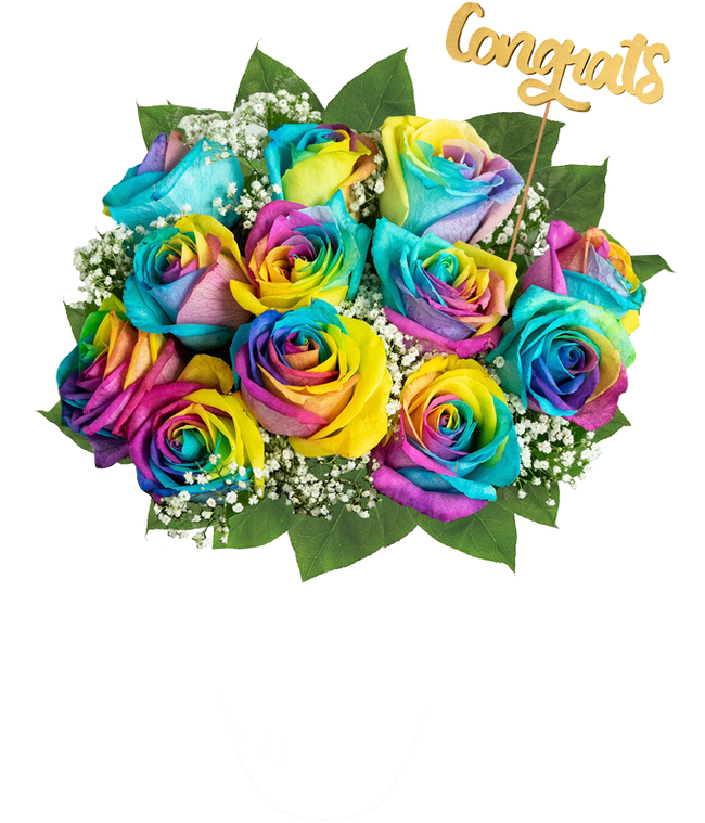 Partial image of Bouquet of one dozen vibrant wild rainbow roses with optional elegant glass vase and personalized gift message for a housewarming. without vase
