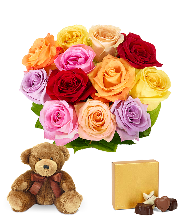 Partial image of Heartfelt apology gift set with one dozen rainbow roses, a cuddly teddy bear, a box of chocolates, an optional glass vase, and a personalized message. without vase