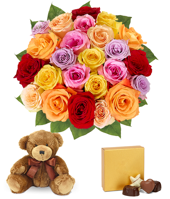 Partial image of I'm sorry gift set featuring two dozen vibrant rainbow roses, a cuddly teddy bear, and a box of chocolates, with optional glass vase and personalized message. A sincere gesture to seek forgiveness with warmth and sweetness. without vase