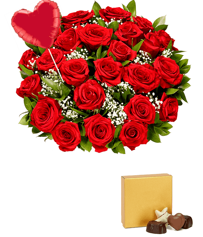 Partial image of Two Dozen Red Roses + Heart Eye Emoji Balloon + Chocolate without vase