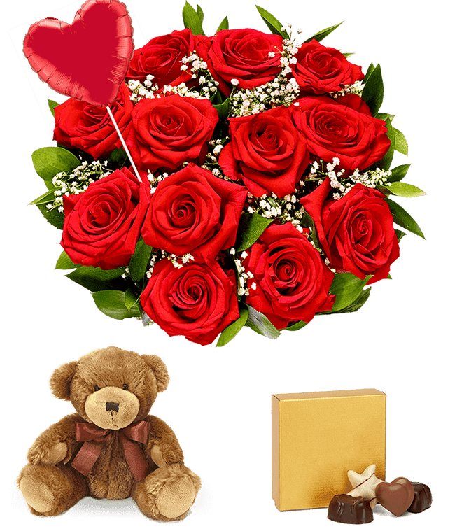 Partial image of One dozen red roses delivered with heart balloon, teddy bear and chocolates without vase