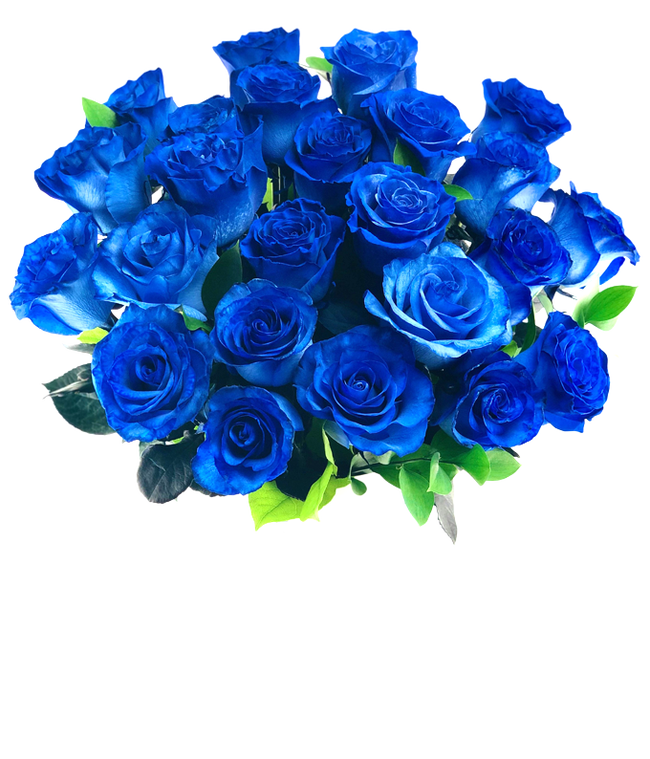 Partial image of A bouquet of two dozen blue roses, with an optional glass vase. without vase